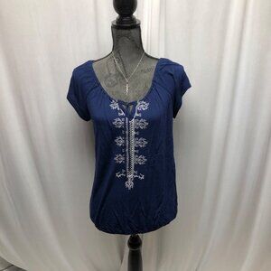 Old Navy Blouse Womens Size Medium Navy Blue Scoop Neck Embroidered Cap Sleeve